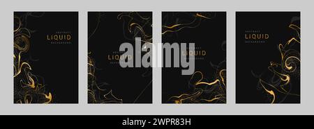 Satz abstrakter flüssiger Hintergründe. Flüssige Kunst. Elegantes Deckeldesign. Luxuriöses Marmormuster in Gold- und Schwarztönen. Minimalistische Vektorvorlage für Stock Vektor