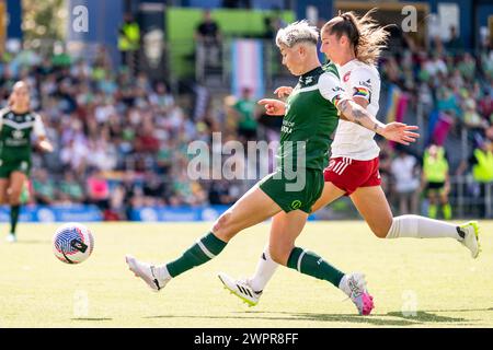 Canberra, Australien; 9. März 2024: Michelle Heyman von Canberra United FC schlägt den Ball während des Spiels der Liberty A-League Women Round 19 2023/24 zwischen Canberra United FC und Western Sydney Wanderers FC im McKellar Park in Canberra, Australien, am 9. März 2024. (Foto: Nick Strange/Fotonic/Alamy Live News) Stockfoto