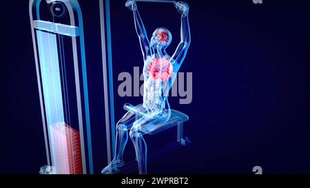 Mann mit Lat Pulldown-Maschine, Abbildung Stockfoto