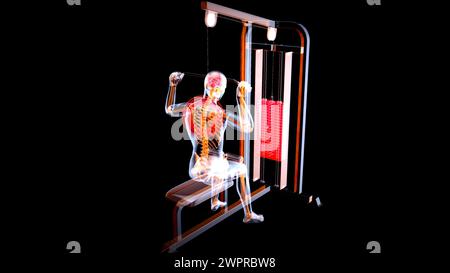 Mann mit Lat Pulldown-Maschine, Abbildung Stockfoto