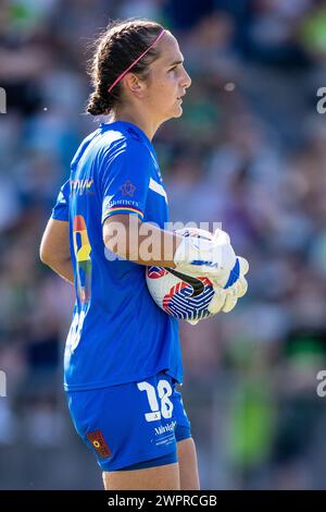 Canberra, Australien; 9. März 2024: Canberra United FC Torhüter Coco Majstorovic während des Spiels 2023/24 Liberty A-League Women Round 19 zwischen Canberra United FC und Western Sydney Wanderers FC im McKellar Park in Canberra, Australien am 9. März 2024. (Foto: Nick Strange/Fotonic/Alamy Live News) Stockfoto