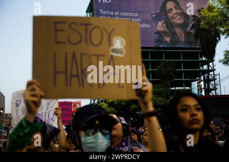 Monterrey, Mexiko. März 2024. Frauen nehmen am 8. März 2024 mit Bannern und Schildern an den internationalen Demonstrationen zum Frauentag in Monterrey, Mexiko, Teil. Foto: Paola Santoy/Long Visual Press Credit: Long Visual Press/Alamy Live News Stockfoto