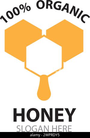 100 % natürliches, rohes Bio-Honig-Logo-Konzept, sechseckiges Honigwabennektar-Tropfenzeichen. Vorlage für die Markenidentitätsvorlage des Beekeeper Farm Badge. Stock Vektor