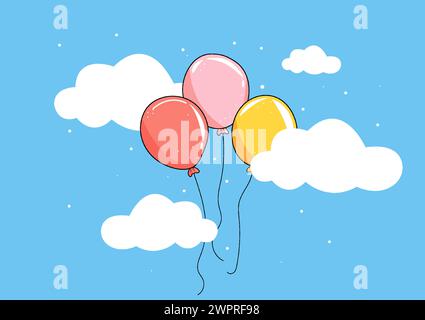 Karikaturvektor-Illustration von bunten Ballons, die am Himmel mit flauschigen weißen Wolken schweben. Das Kunstwerk fängt die fröhliche Atmosphäre eines sonnigen Tages ein. Stock Vektor