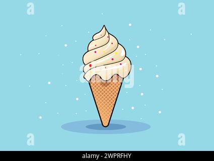 Illustration eines cremigen Vanilleeises mit Zuckerstreuseln auf einem Waffelkegel. Der Hintergrund zeigt einen lebendigen, von Fantasy inspirierten Hintergrund Stock Vektor