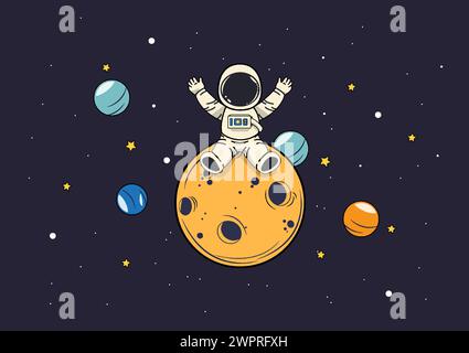 Cartoon-Illustration eines Astronauten auf dem Mond, umgeben von Planeten und Sternen. Der abenteuerliche Geist der Weltraumforschung mit dem astron Stock Vektor