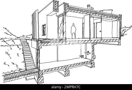 Handgezeichnete Architekturskizze des Abschnitts eines modernen zweistöckigen Einfamilienhauses mit Flachdach und Garten Stockfoto