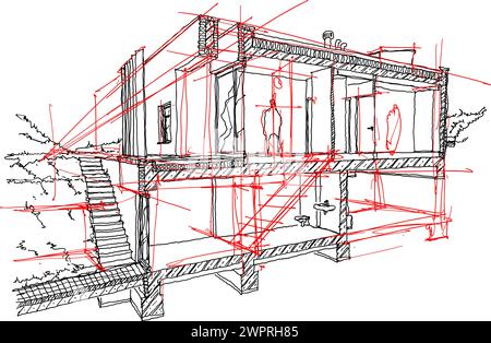 Handgezeichnete Architekturskizze des Abschnitts eines modernen zweistöckigen Einfamilienhauses mit Flachdach und Garten Stockfoto