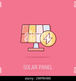 Solarmodul-Symbol im Comic-Stil. Ökologische Energie-Cartoonvektorillustration auf isoliertem Hintergrund. Elektriker-Splash-Effekt-Zeichen-Business-Konzept. Stock Vektor