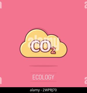 Symbol für CO2-Emissionen im Comic-Stil. Cloud Disaster Cartoon Vektor Illustration auf isoliertem Hintergrund. Umgebungsspritzeffekt signalisiert Geschäftskonzept. Stock Vektor