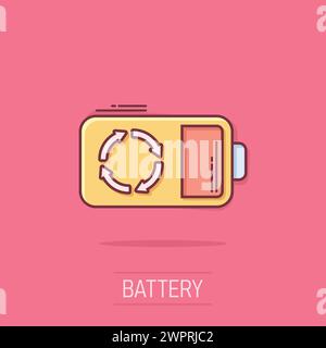 Batteriesymbol im Comic-Stil. Illustration des Akkumulator-Zeichentrickvektors auf isoliertem Hintergrund. Energiesparladegerät Spritzwassereffekt Geschäftskonzept. Stock Vektor