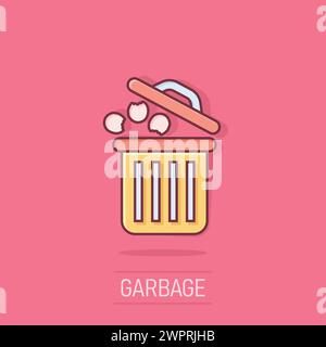 Mülltonne-Symbol im Comic-Stil. Recyceln Sie Karikaturvektorillustration auf isoliertem Hintergrund. Abfallkorb-Splash-Effekt-Zeichen für Geschäftskonzept. Stock Vektor