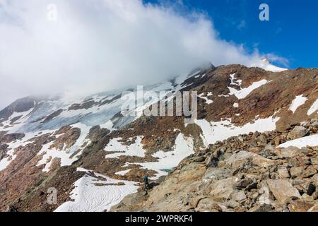 Stubaier Alpen: gipfel Wilder Freiger, Gletscher Wilder Freiger Ferner, Wanderer im Stubaital, Tirol, Österreich Stockfoto