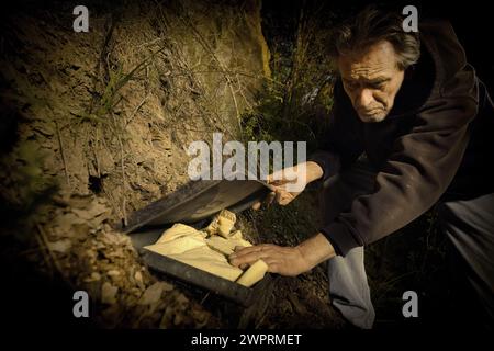 Ein Abenteurer mit Metalldetektor fand eine deutsche Goldlagerstätte im 2. Weltkrieg Stockfoto