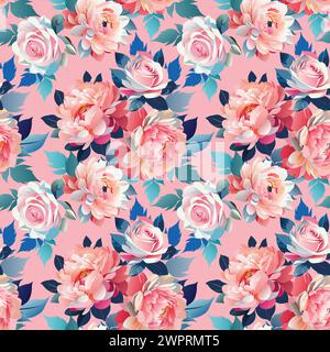 Rosen und Pfingstrosen mit Blättern nahtlose umkehrbare Muster. Hand gezeichneter Vektor Blume abstrakter Hintergrund. Stoffkleidung Vintage-Dekorationsmuster. Stock Vektor