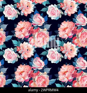 Rosen und Pfingstrosen mit Blättern nahtlose umkehrbare Muster. Hand gezeichneter Vektor Blume abstrakter Hintergrund. Stoffkleidung Vintage-Dekorationsmuster. Stock Vektor