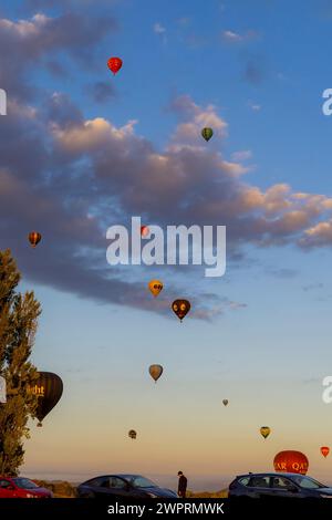 Canberra, Australien. März 2024. Heißluftballons schweben am 9. März 2024 über Canberra, Australien. Als eines der wichtigsten Veranstaltungen in der australischen Hauptstadt findet hier vom 9. Bis 17. März Canberra Balloon Spectacular statt. Quelle: Chu Chen/Xinhua/Alamy Live News Stockfoto