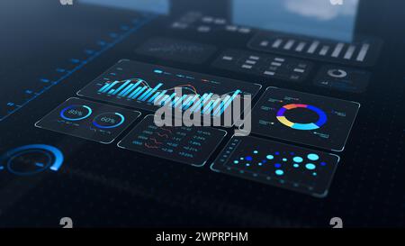 Automatisierte Datenanalyse mit KI-Technologie. Big Data, Geschäftsanalysen und Automatisierung künstlicher Intelligenz. Dashboard-Bericht mit Vertrieb und Bediener Stockfoto