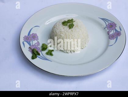 Gedämpfter Reis in Teller isoliert, Platte mit gekochtem weißem Reis im Hintergrund. Stockfoto