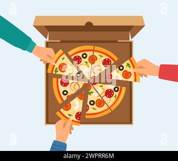 Die Leute nehmen Dreieck-Pizzascheiben aus der Kiste auf dem Tisch. Blick von oben auf italienisches Fast Food bei einer Firmenfeier. Hungrige Freunde essen gemeinsam Fast Food Stock Vektor