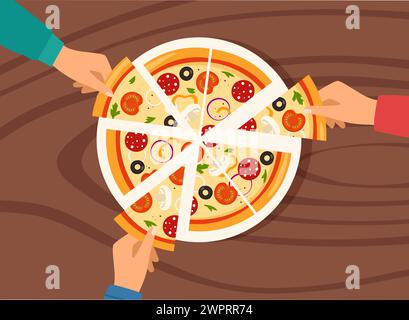 Leute Hände nehmen Dreieck-Pizzascheiben vom Gericht auf dem Tisch. Blick von oben auf italienisches Fast Food bei einer Firmenfeier. Hungrige Freunde essen Fastfood-Togeth Stock Vektor