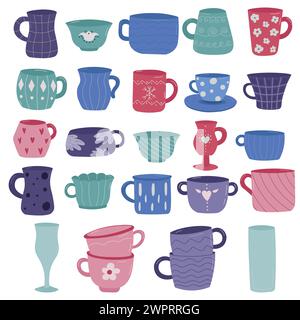 Tee Kaffee Tasse Set Vektor Illustration. Vintage-Teetassen-Zeichentrickkollektion für englische Nachmittagstee-Zeremonie oder Frühstück, gezeichnetes Muster auf Tasse Stock Vektor