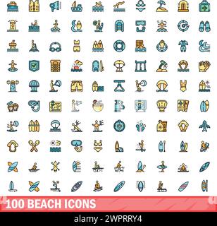 100 Strandsymbole gesetzt. Farblinie Set von Strandvektorsymbolen dünne Linie Farbe flach auf weiß Stock Vektor