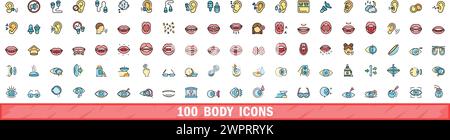 100 Body-Symbole gesetzt. Farblinie Satz von Körpervektorsymbolen dünne Linie Farbe flach auf weiß Stock Vektor