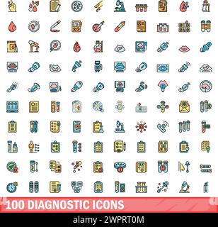 100 Diagnosesymbole eingestellt. Farblinie Satz diagnostischer Vektorsymbole dünne Linie Farbe flach auf weiß Stock Vektor