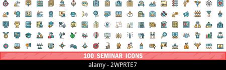 100 Seminarsymbole festgelegt. Farblinie Satz von Seminarvektorsymbolen dünne Linie Farbe flach auf weiß Stock Vektor