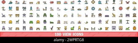 100 Symbole anzeigen. Farblinie Satz von Ansichtsvektorsymbolen dünne Linie Farbe flach auf weiß Stock Vektor