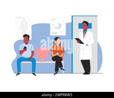 Männlicher Arzt im weißen Labormantel mit seinen männlichen und weiblichen Patienten im Wartezimmer des Krankenhauses. Flaches Design Zeichenvektor-Illustrationsdesign Stock Vektor