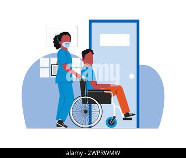 Mann im Rollstuhl mit weiblichem Krankenschwester-Vektor-Illustration-Design. Gesundheitspflege und medizinische Vektor-Illustration Design Stock Vektor