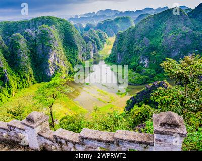 Beeindruckende Karstformationen und Reisfelder in Tam Coc mit einer Steintreppe, die den liegenden Drachen im Vordergrund hinaufführt, Provinz Ninh Binh, VI Stockfoto