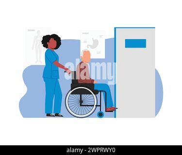 Illustration einer Krankenschwester, die einem älteren Mann im Rollstuhl hilft Stock Vektor