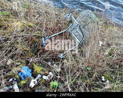 Einkaufswagen wurde am Ufer verlassen Stockfoto