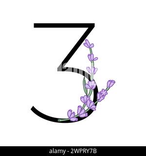 Lavendelblüte violett kleine Blume Handzeichnung Nummer für Hochzeitsdesign von Karte oder Einladung. Vektorillustrationen, isoliert auf weißem Hintergrund Stock Vektor