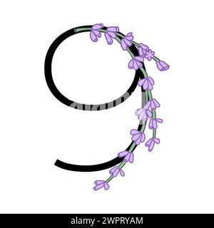 Lavendelblüte violett kleine Blume Handzeichnung Nummer für Hochzeitsdesign von Karte oder Einladung. Vektorillustrationen, isoliert auf weißem Hintergrund Stock Vektor
