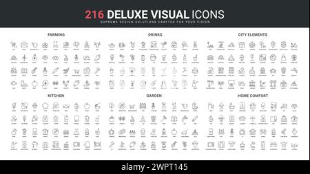Symbole für Landwirtschaft, Gartenarbeiten und Agrarwirtschaft. Kochbuch Rezept für das Kochen in der Küche, Kontrolle der Komfort Stadt und Heimelemente, Getränke in der Bar dünne schwarze Umrisssymbole Vektor Illustration Stock Vektor