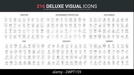 ESG, Ökologie und Wetter, Linien-Symbole für Gartenarbeiten. Temperatur- und Feuchtigkeitsvorhersage, grüne Energie und Recycling, CO2-Fußabdruck auf der Umwelt dünne schwarze Umrisssymbole Vektorillustration Stock Vektor