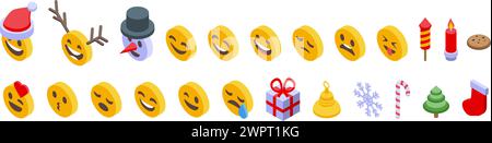 Weihnachten Emoticons Symbole setzen isometrischen Vektor. Das Gesicht des Weihnachtsmanns. Ausdrucksfläche Stock Vektor
