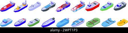 Symbole für Fischerschiffe legen den isometrischen Vektor fest. Meerwasserküste. Schwimmendes Netz für Meeresfrüchte Stock Vektor