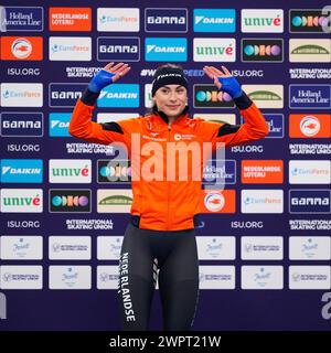 Inzell, Deutschland. März 2024. INZELL, DEUTSCHLAND - 8. MÄRZ: Femke Kok aus den Niederlanden während der ISU Speed Skating Sprint Weltmeisterschaft in der Max Aicher Arena am 8. März 2024 in Inzell. (Foto von Douwe Bijlsma/Orange Pictures) Credit: Orange Pics BV/Alamy Live News Stockfoto