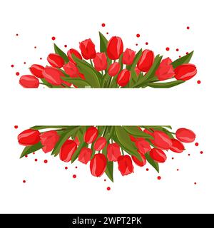 Rechteckiger Federrahmen mit roten Tulpen für Wörter und Text. Vektor-Hintergrundschablone mit Blumen für Design, Grußkarte, Banner, Brett, Flyer, Stock Vektor