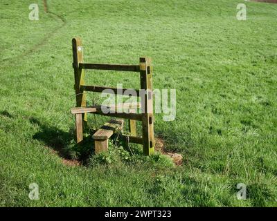 Holzstielstruktur auf dem Feld des Bauernhofs, um den Zugang zu Wanderern entlang eines Fußwegs zu erleichtern, wenn Viehzäune vorhanden sind. Devon, Großbritannien Stockfoto