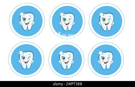 Baby erster Zahn für Jungen. Zahn mit Kronenvektorsatz für Aufkleber oder Designelement Stock Vektor