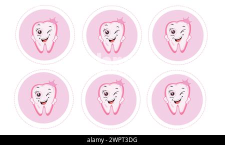 Baby erster Zahn für Mädchen. Zahn mit Kronenvektorsatz für Aufkleber oder Designelement Stock Vektor
