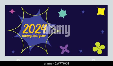 Happy New Year 2024 mit farbenfrohem, minimalistischem trendigem Design. Quadratische Vorlage für Neujahr 2024. Grußhintergründe, Neujahrswerbsinhalte Stock Vektor