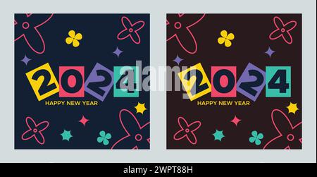 Happy New Year 2024 mit farbenfrohem, minimalistischem trendigem Design. Quadratische Vorlage für Neujahr 2024. Grußhintergründe, Neujahrswerbsinhalte Stock Vektor