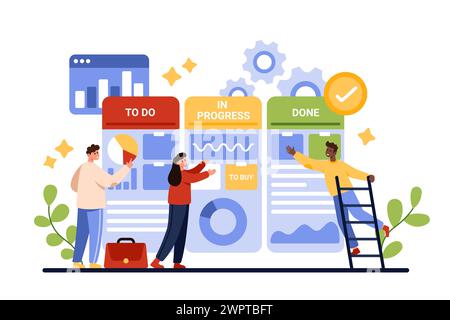 Kanban-Board, agiles Projektmanagement. Winzige Leute planen Geschäftsaufgaben auf dem Scrambboard, überprüfen den Arbeitsprozess mit Notizen und Listen, Brainstorming über Strategie Bewertung Cartoon Vektor Illustration Stock Vektor